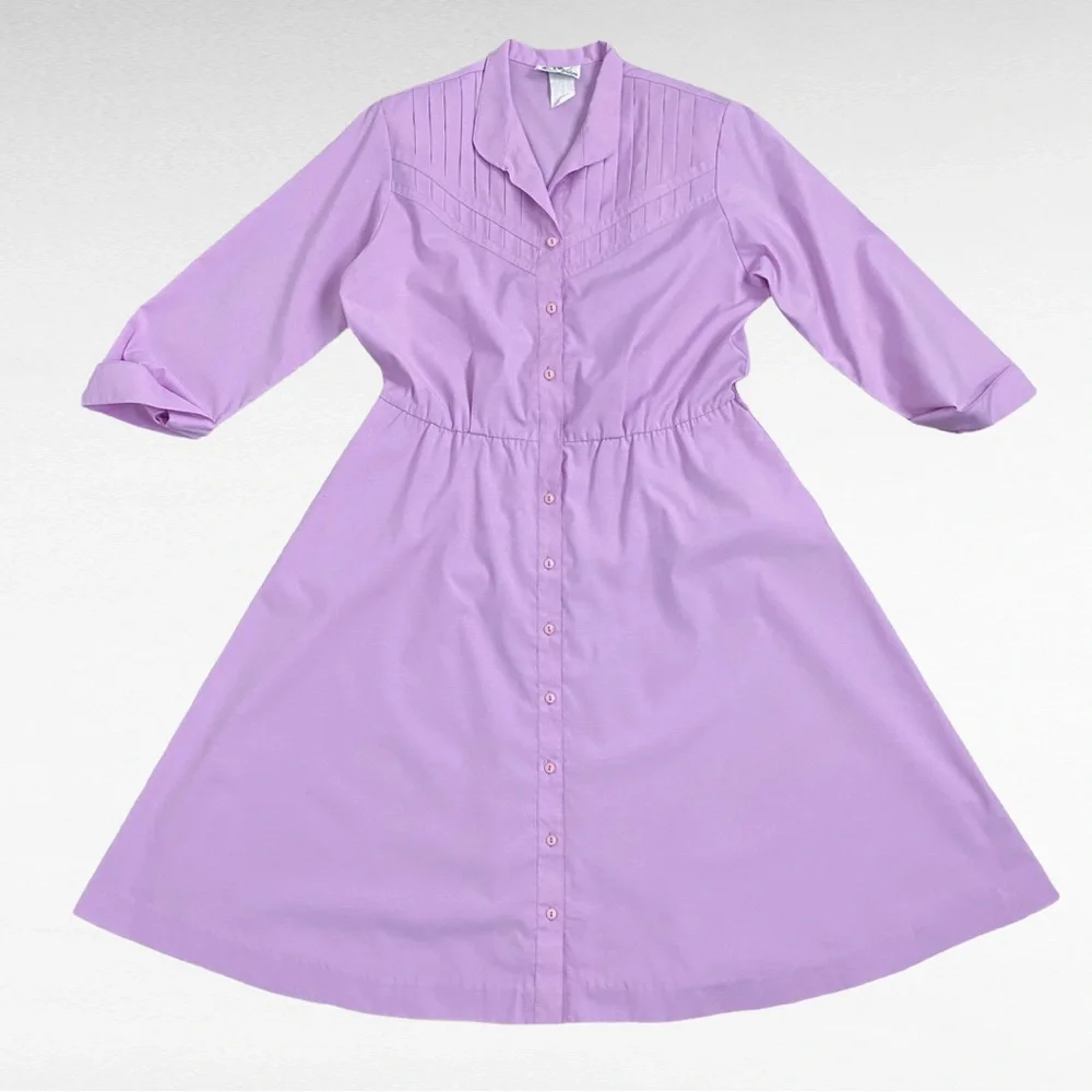 VINTAGE 80s Willi California Lavender Belted Retro Button Down Shirt Dress - Picture 9 of 10